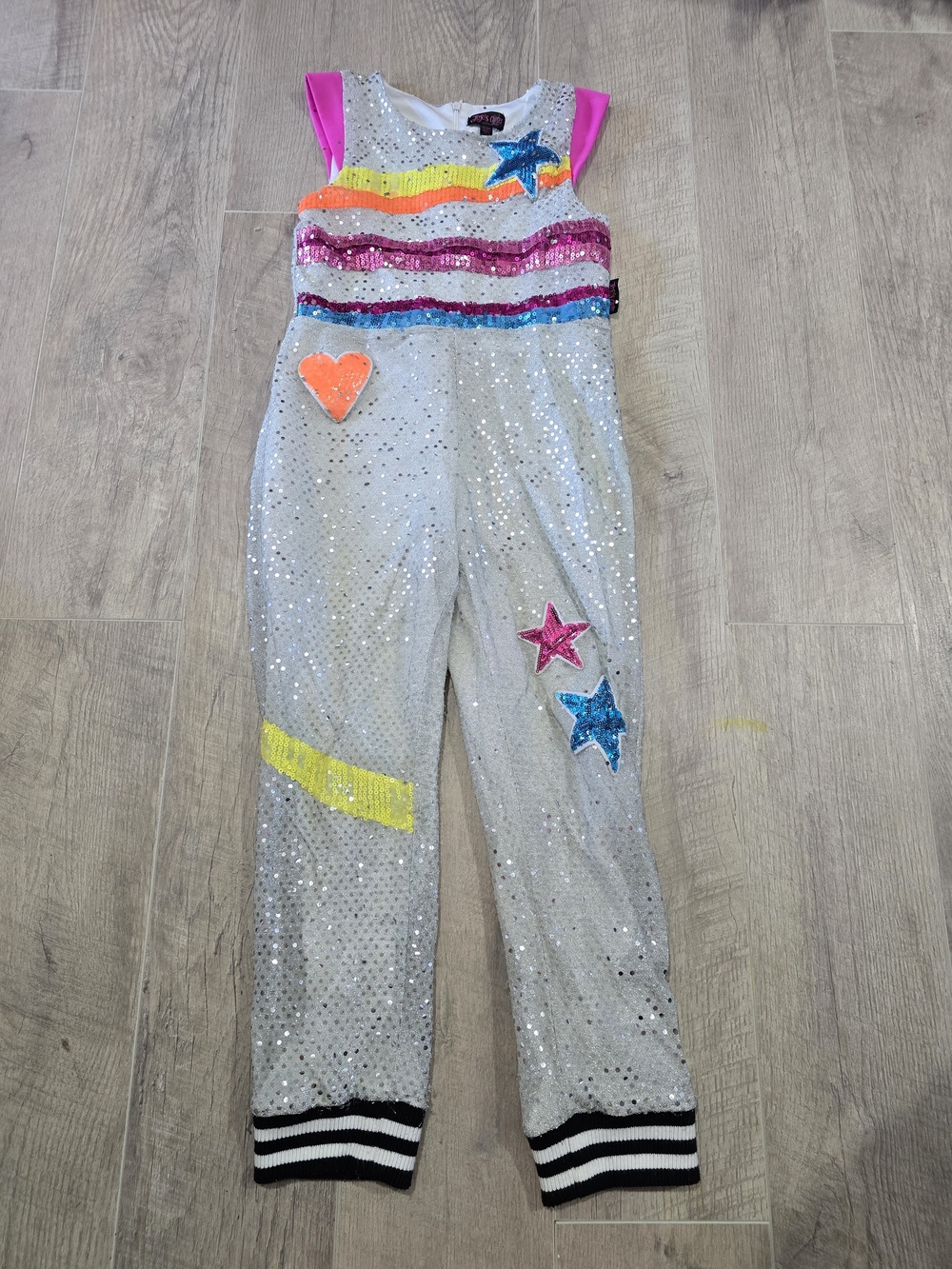 JoJo Siwa Silver Sequin Jumpsuit with Neon Stars and Stripes